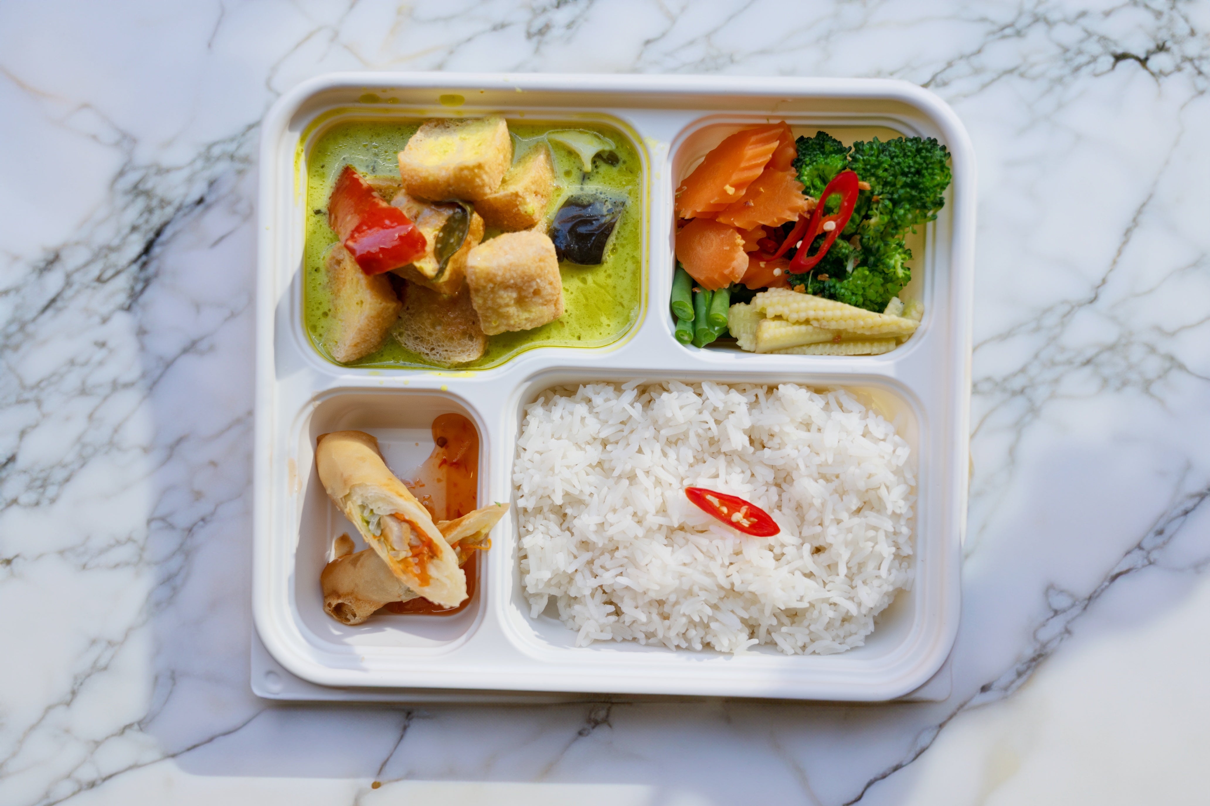 Bento Box - Thai Green Curry (Tofu) and Vegetarian Spring Rolls