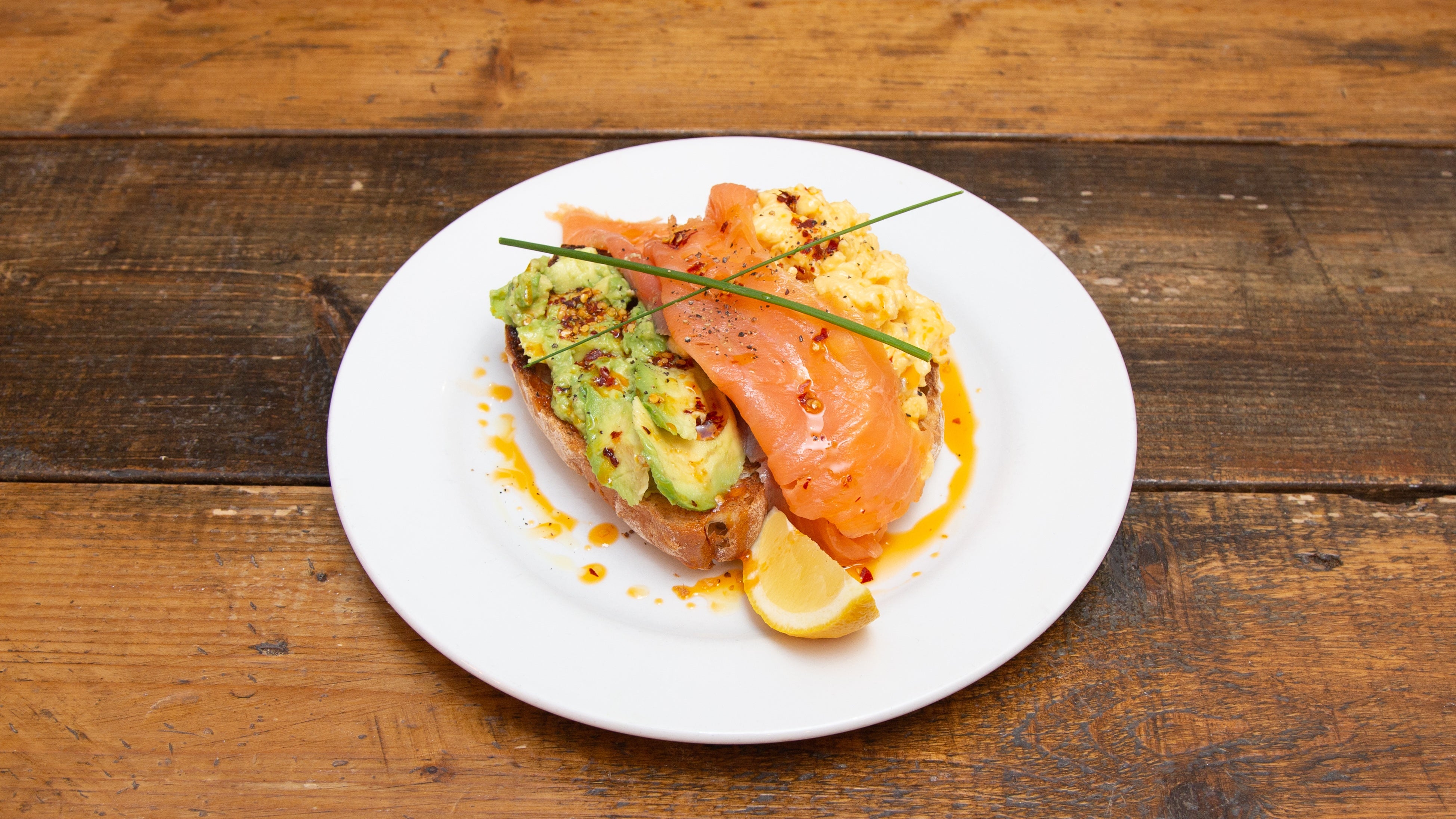 Smoked salmon scrambled eggs avocado
