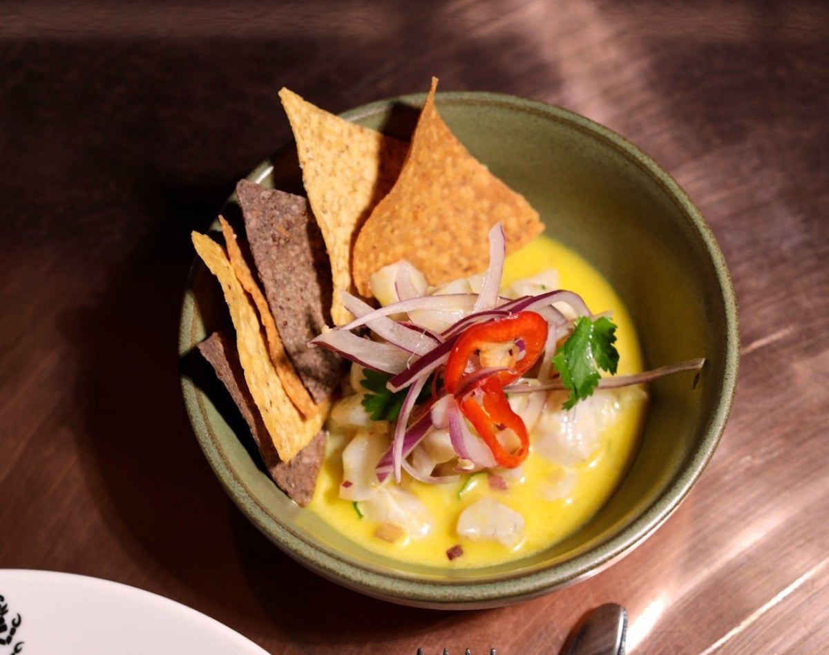 Sea bass ceviche, amarillo, leche de tigre, totopos