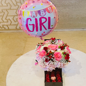 Flower And Chocolate Box With Baby Girl Balloon