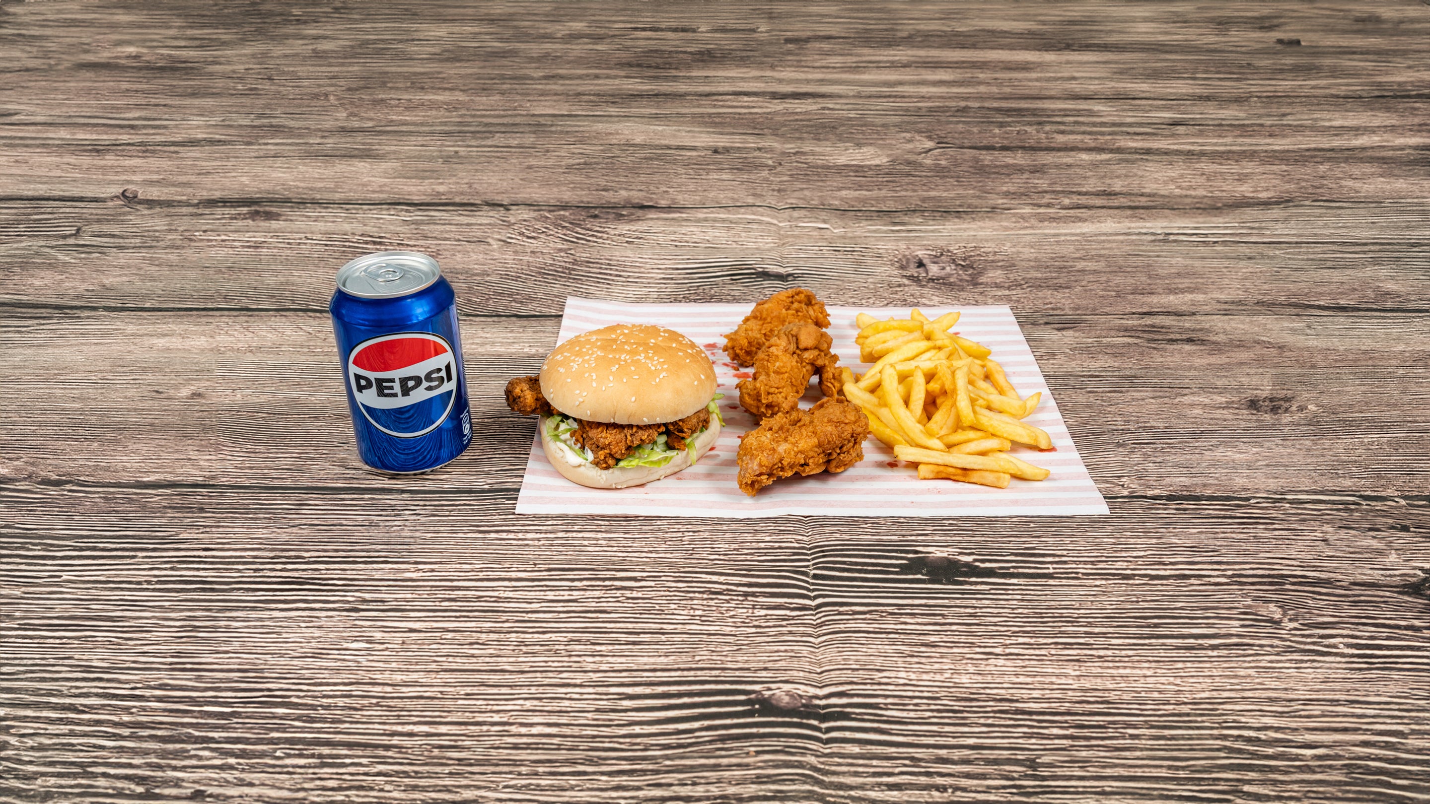 Pick's Chicken Burger, 3 Pcs Hot Wings, Fries and Drink