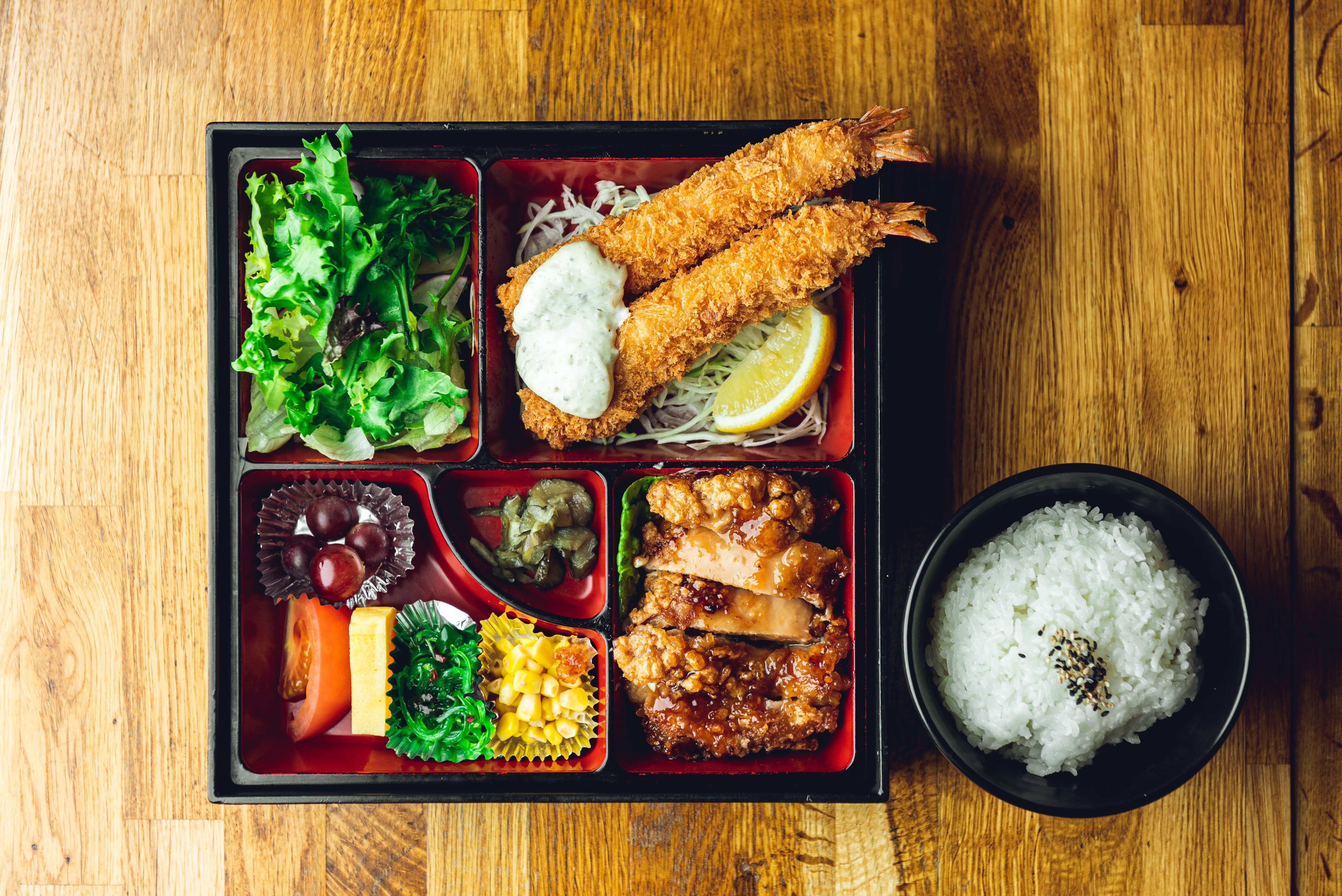 Chicken Teriyaki and Prawn Fry Bento