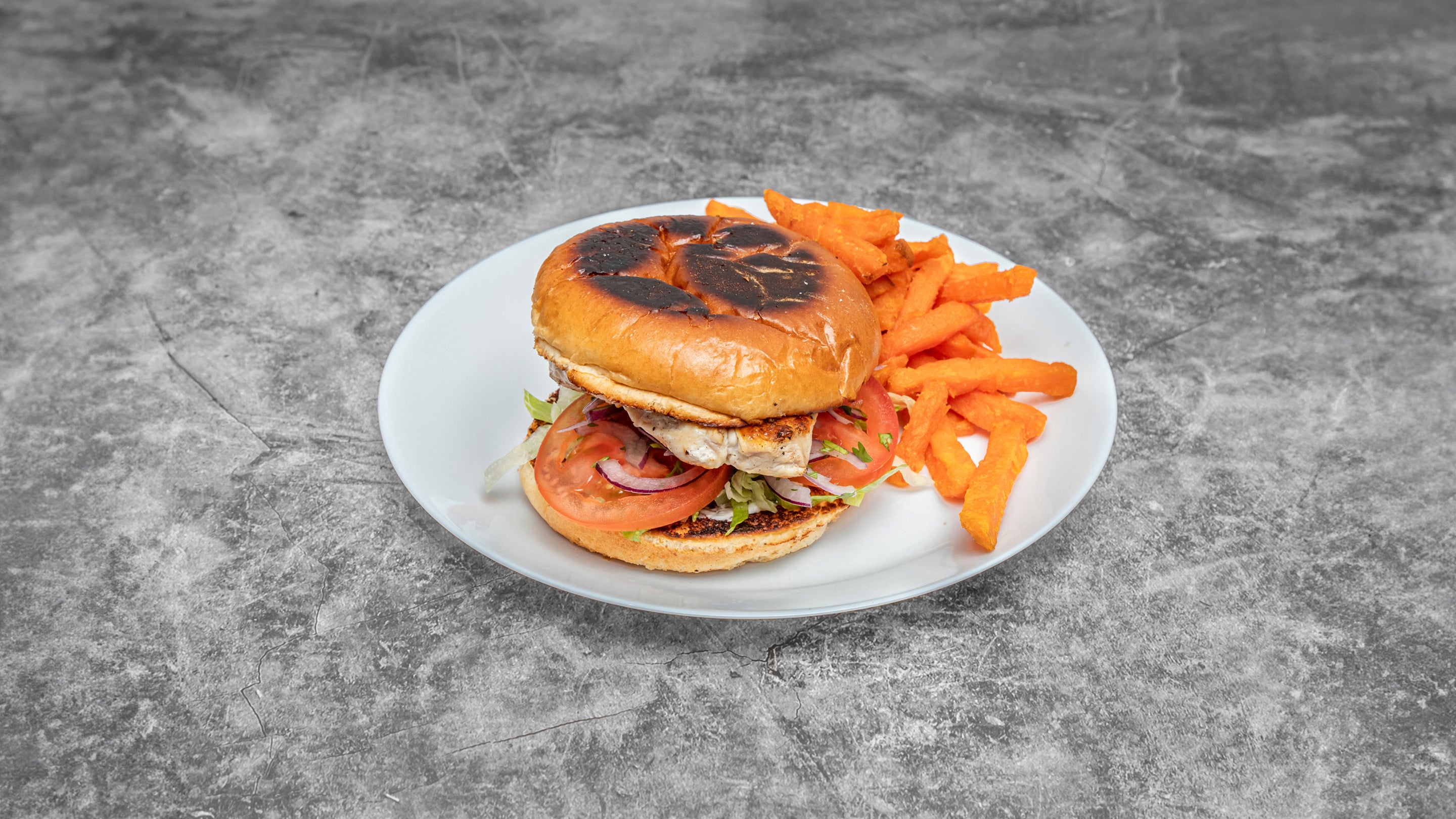 Grilled Chicken Burger Served with Sweet Potato Fries - Grilled Chix