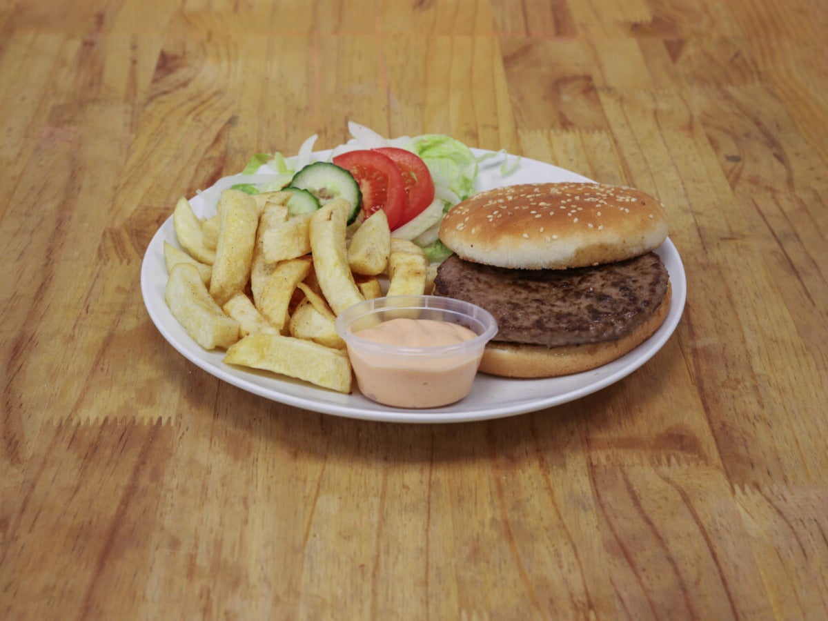 Beef burger and chips