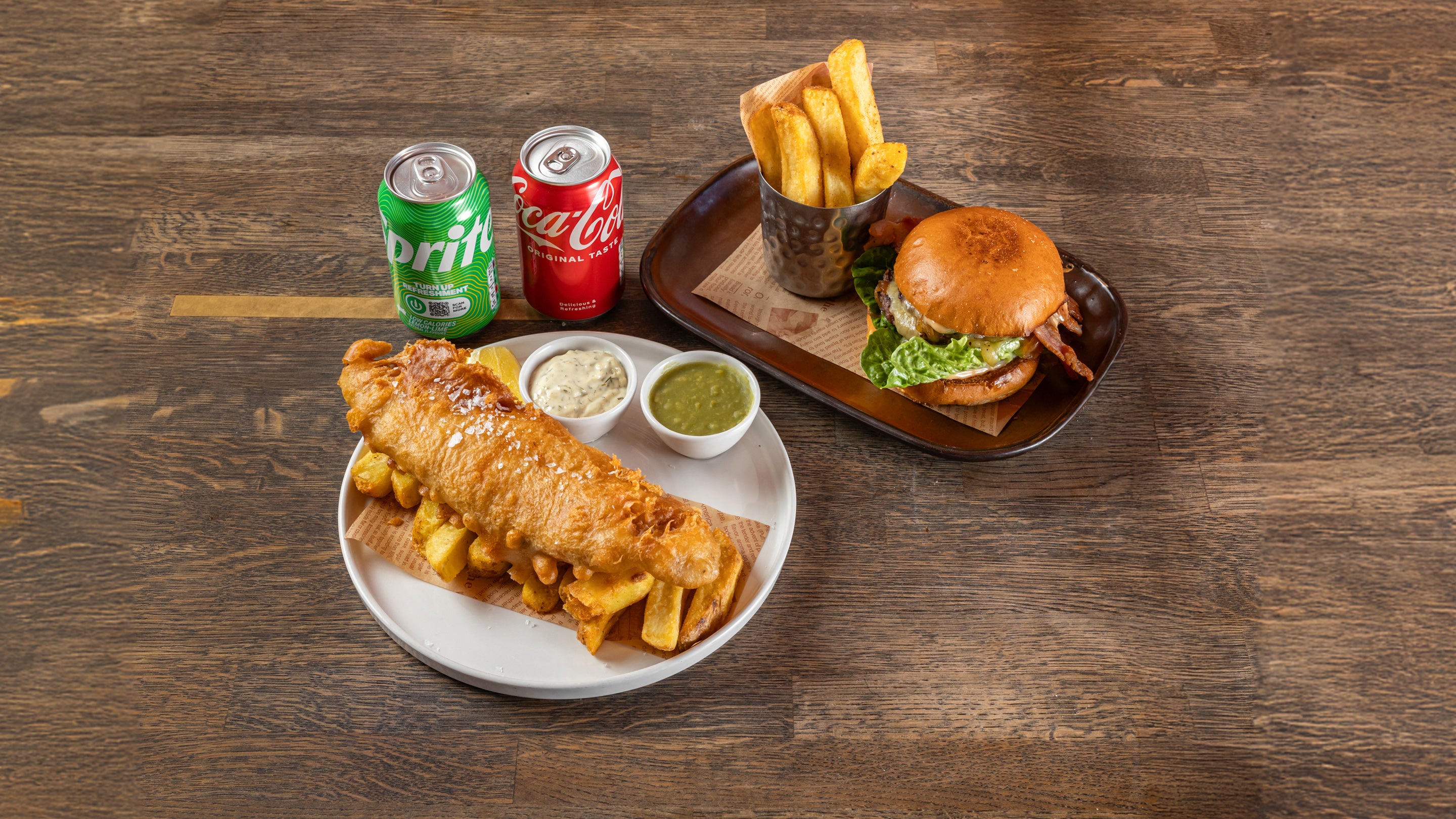 Cheeseburger, Beer Battered Fish, and 2 Soft Drinks