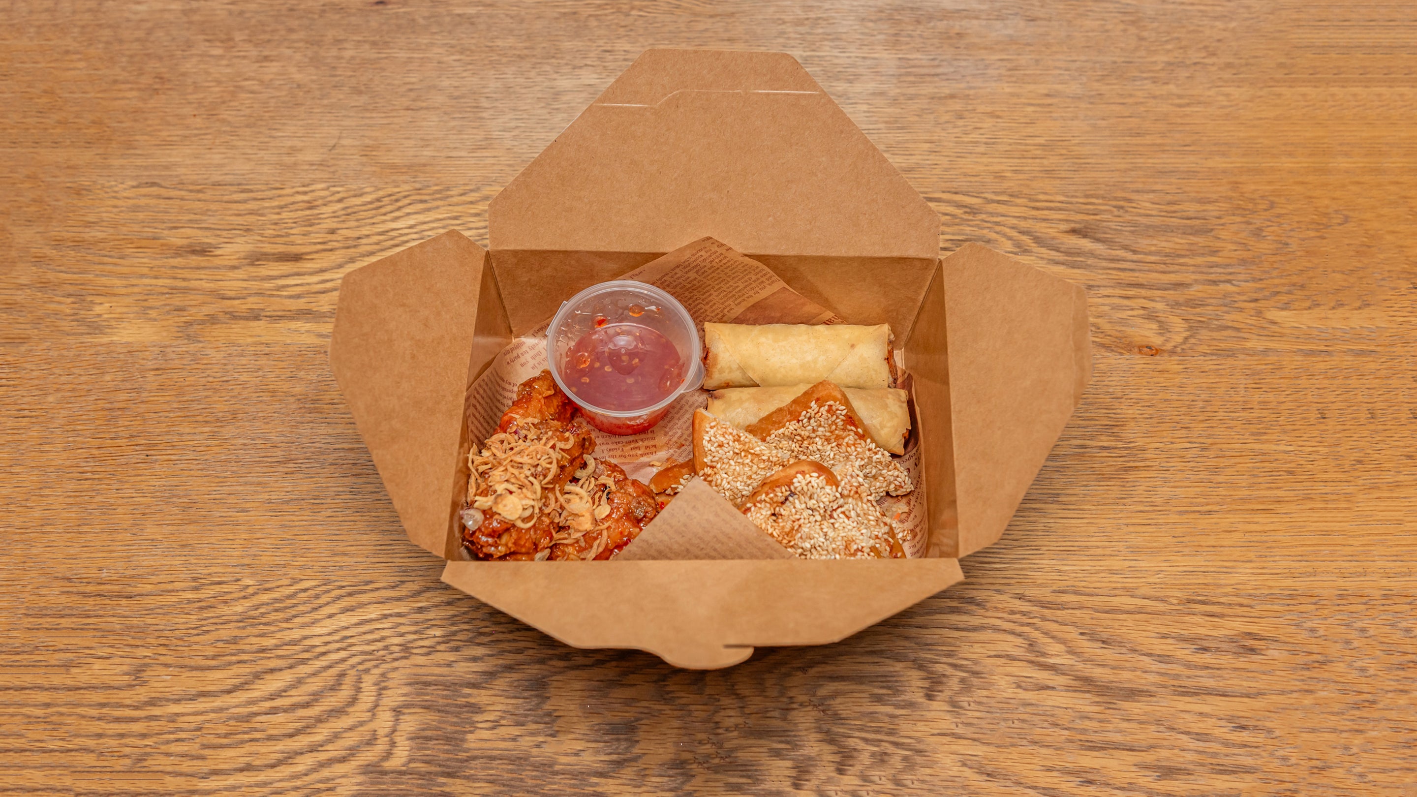 Trio of Vegetable Spring Rolls, Sweet Chilli Wings, Prawn and Chicken Toast