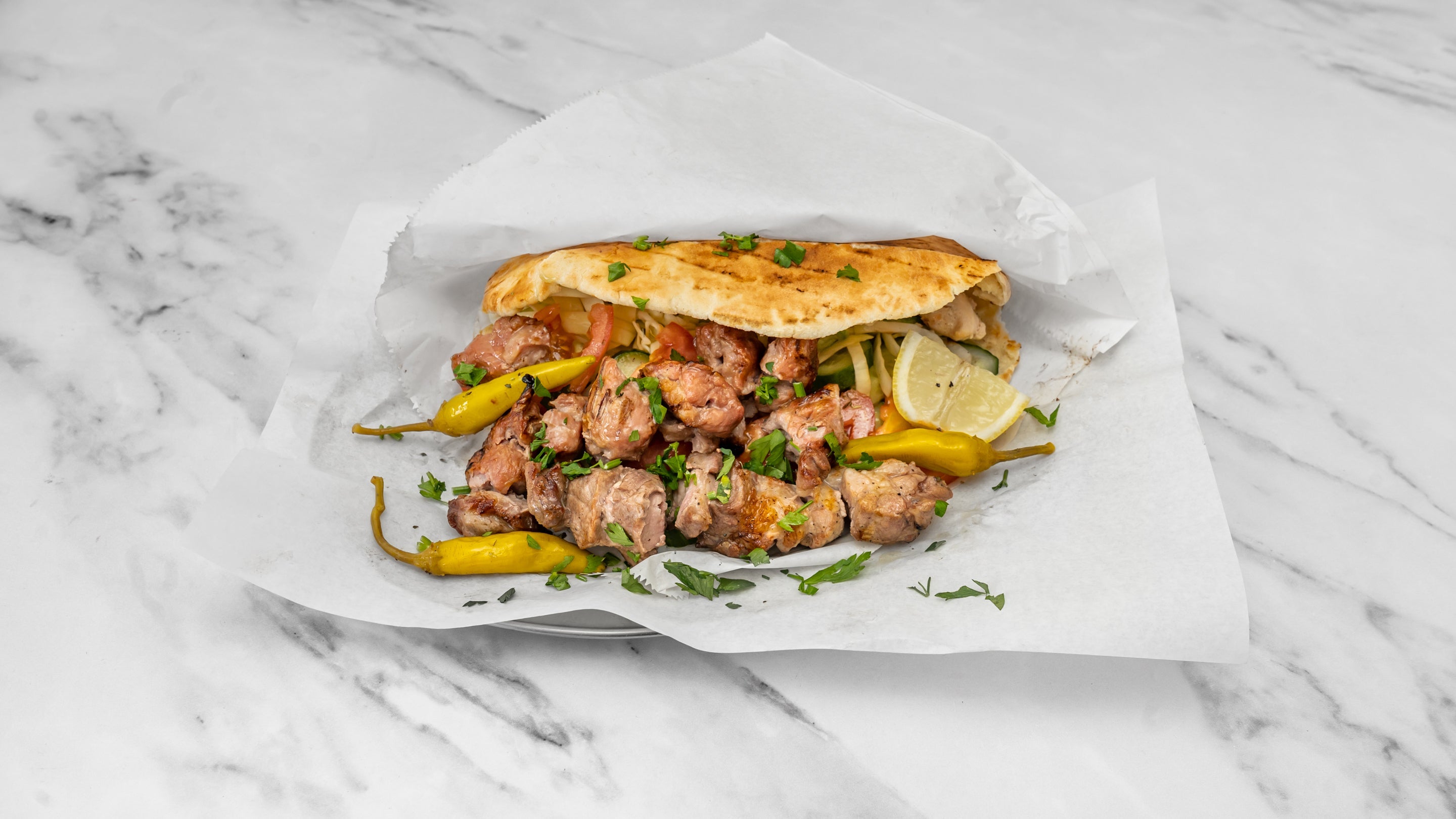 Pork Skewers Cypriot Pita
