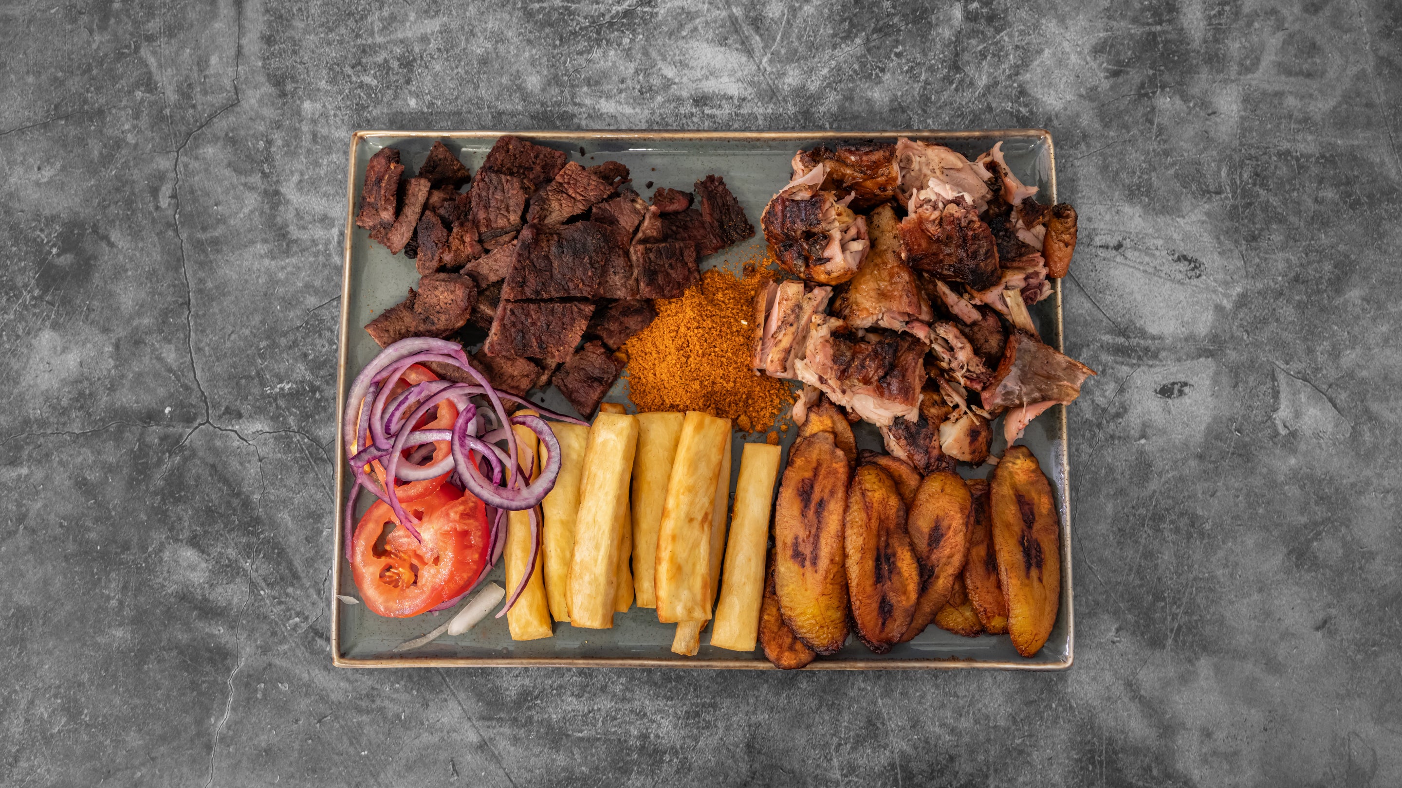 Chicken Suya, Beef Suya, Yam Fries or Plantain (Empress Platter)