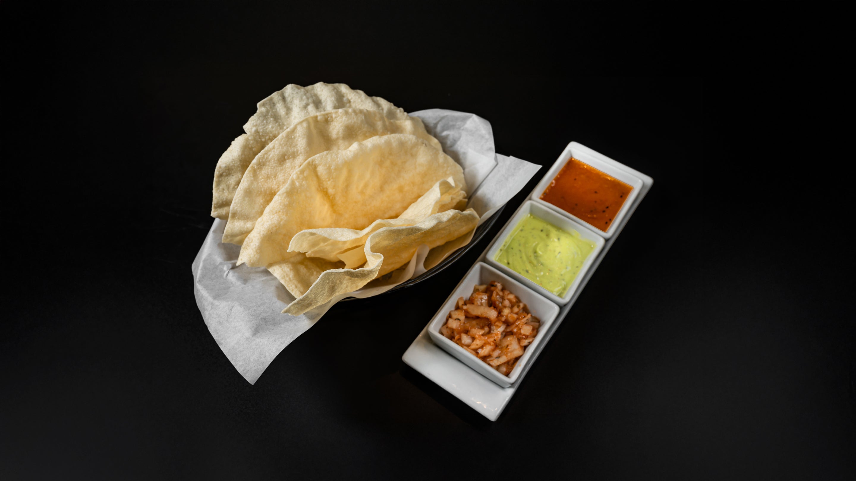 Basket of Papad and Chutneys
