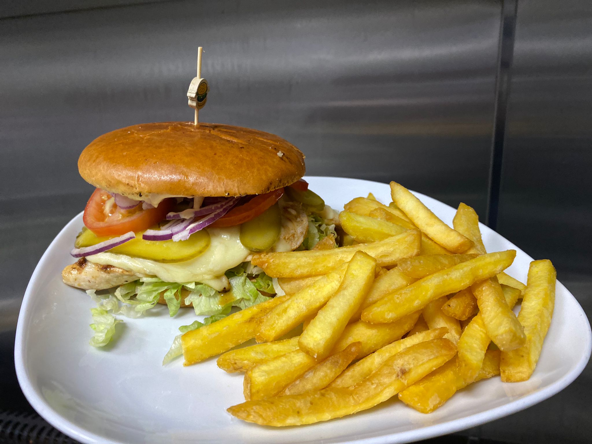 Lad burger with fries