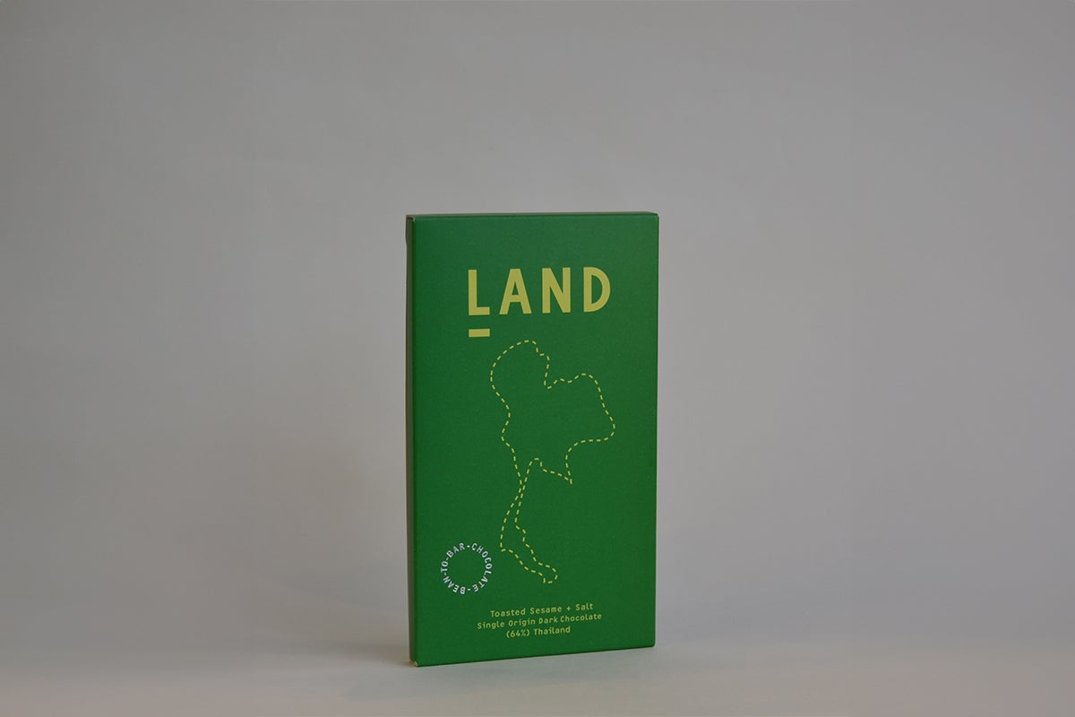 Land, Toasted sesame + Salt 64% Dark Chocolate
