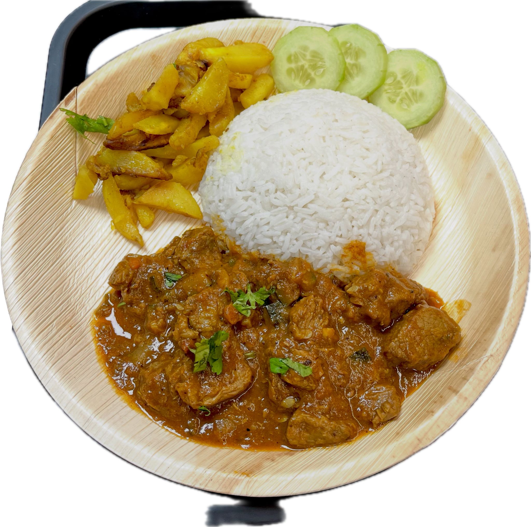 Lamb curry with steamed rice & Alu chaina