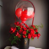 Red Roses & Transparent Balloon In Black Box