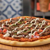 Beef Shawarma, Cheese & Muhammara Manousheh