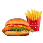 Chicken Burger and Cheetos with French Fries