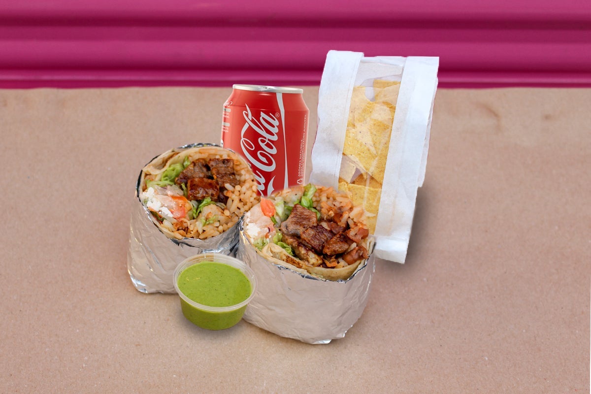 Large Burrito Rib Eye Steak with Chips, Salsa, and Drink