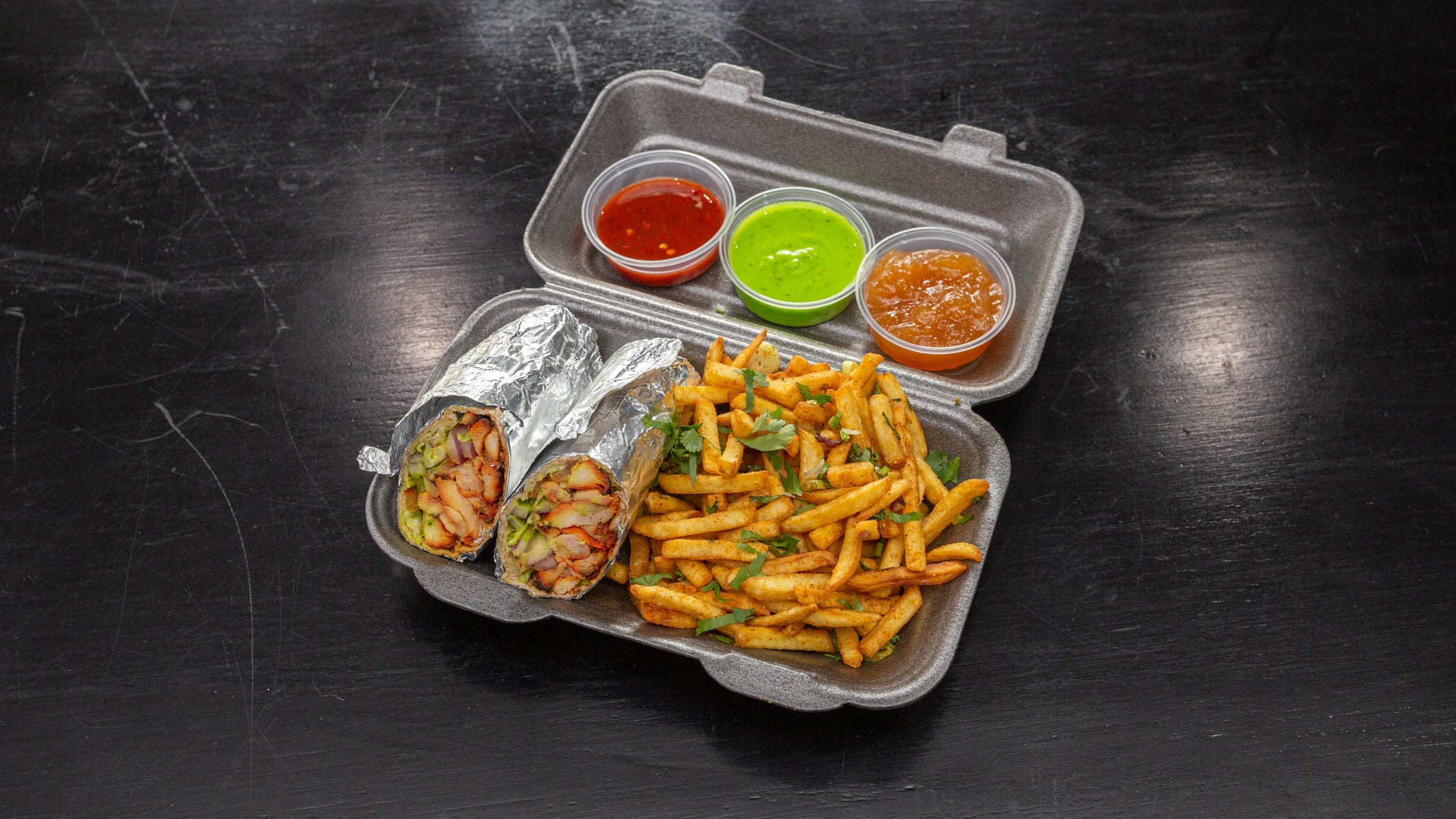 Chicken Tikka Roll and Masala Fries