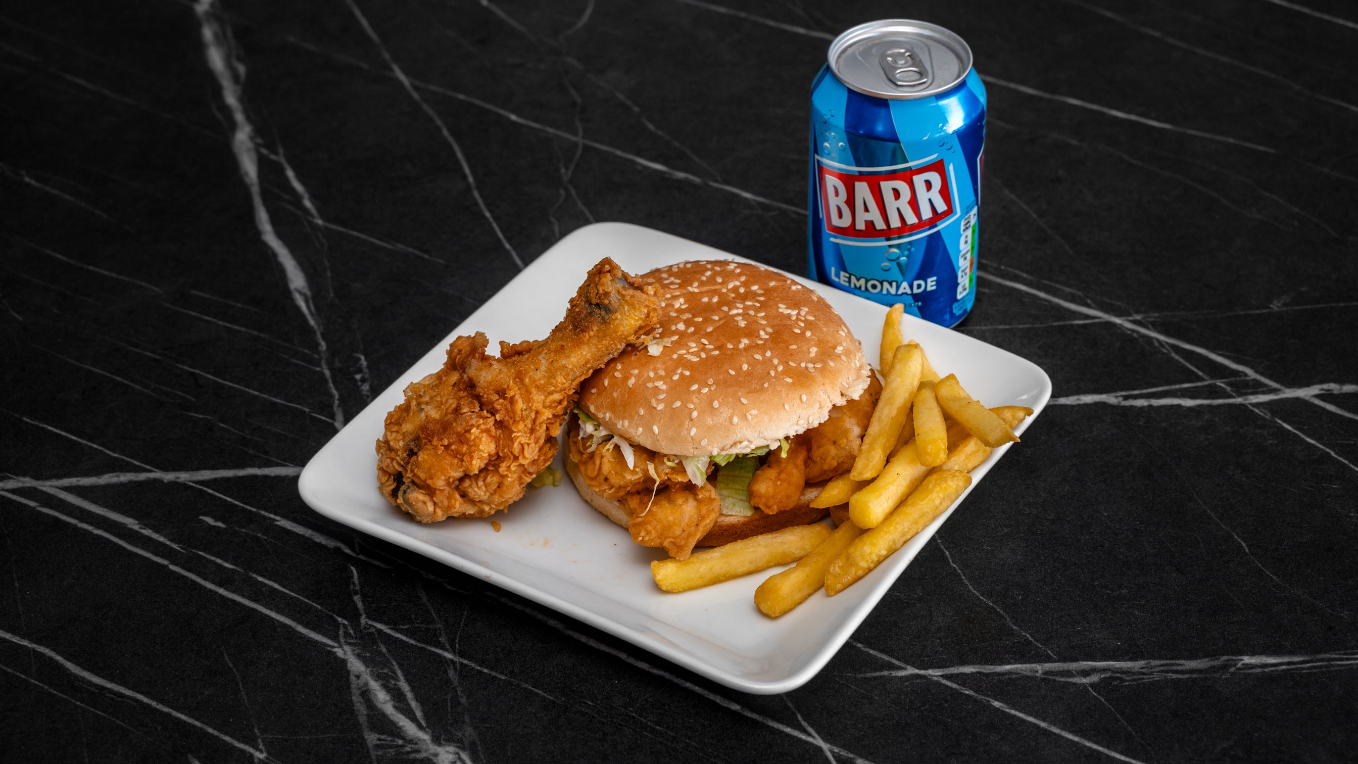 Chicken Burger, 1-Piece Chicken, Chips, and Soft Drink