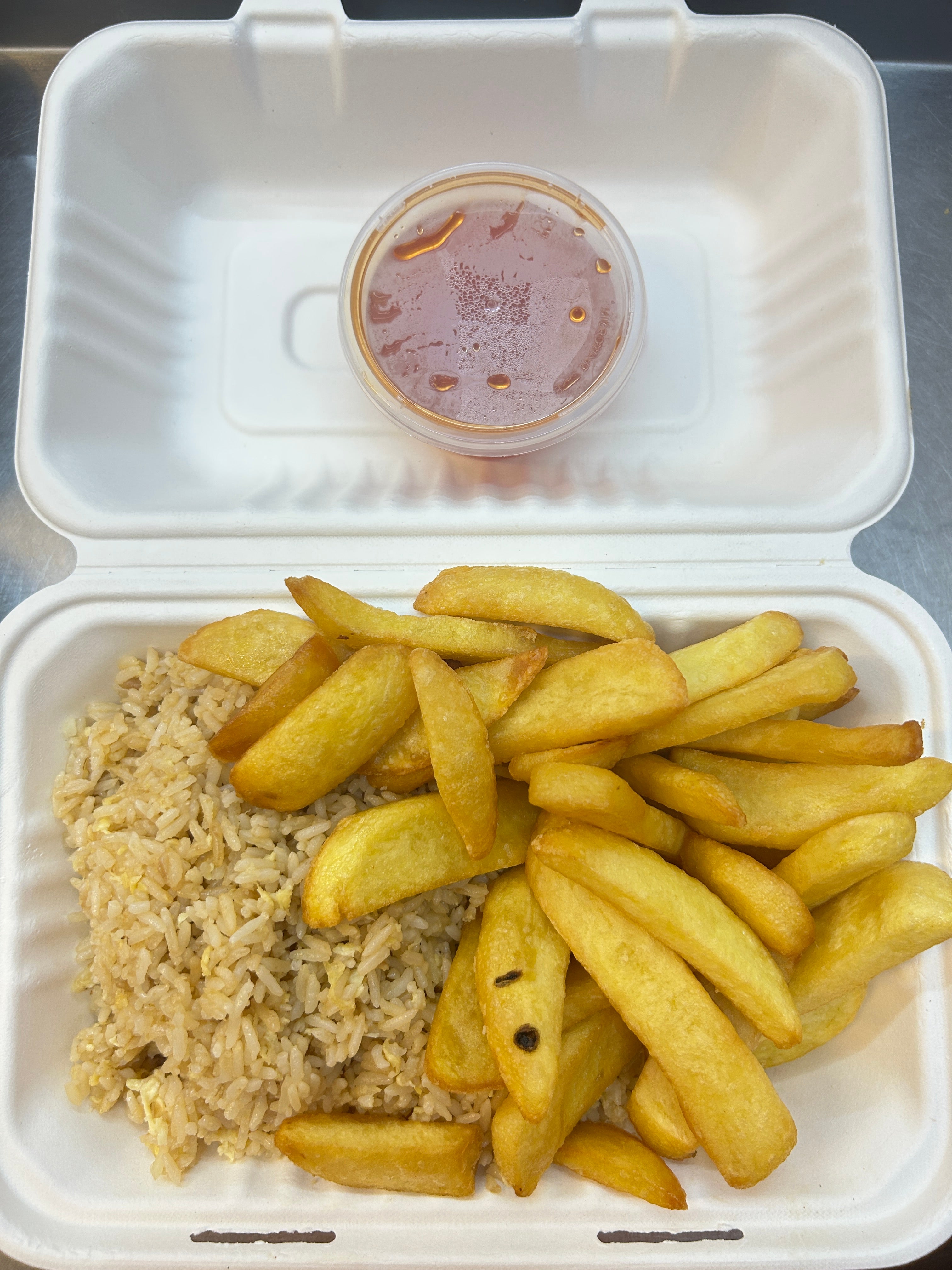 Egg Fried Rice, Chips, and Sauce  饭 条 汁