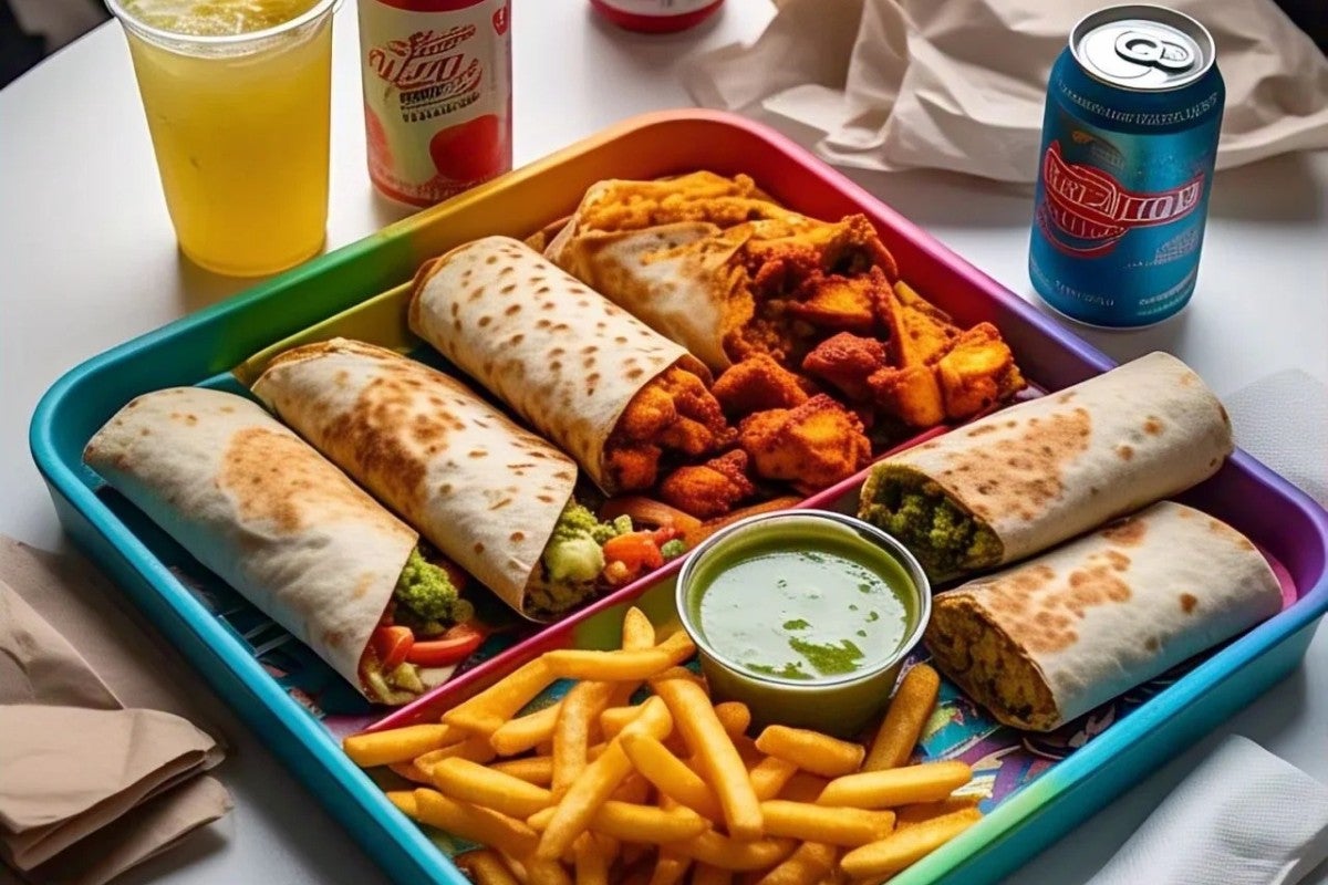 2 Chicken Tikka Roti Wraps, 2 Quesadillas, 1 Falafel Roti Wrap, Fries & 5 Drinks