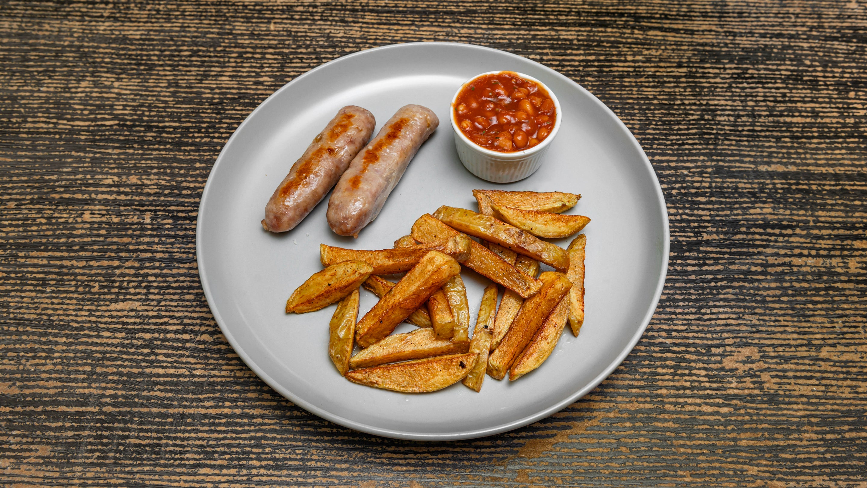 Sausage, Homemade Chips and Beans