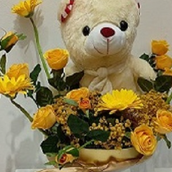 Teddy In A Box With Yellow Mix Flowers
