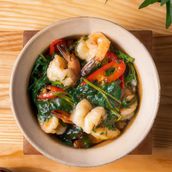 Prawns With Kang Kang And Krachai, Steamed Rice