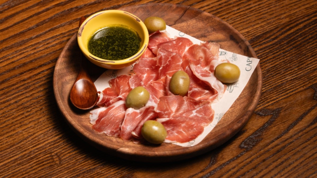 Capocollo Ham DOP – Salsa Verde & Olives