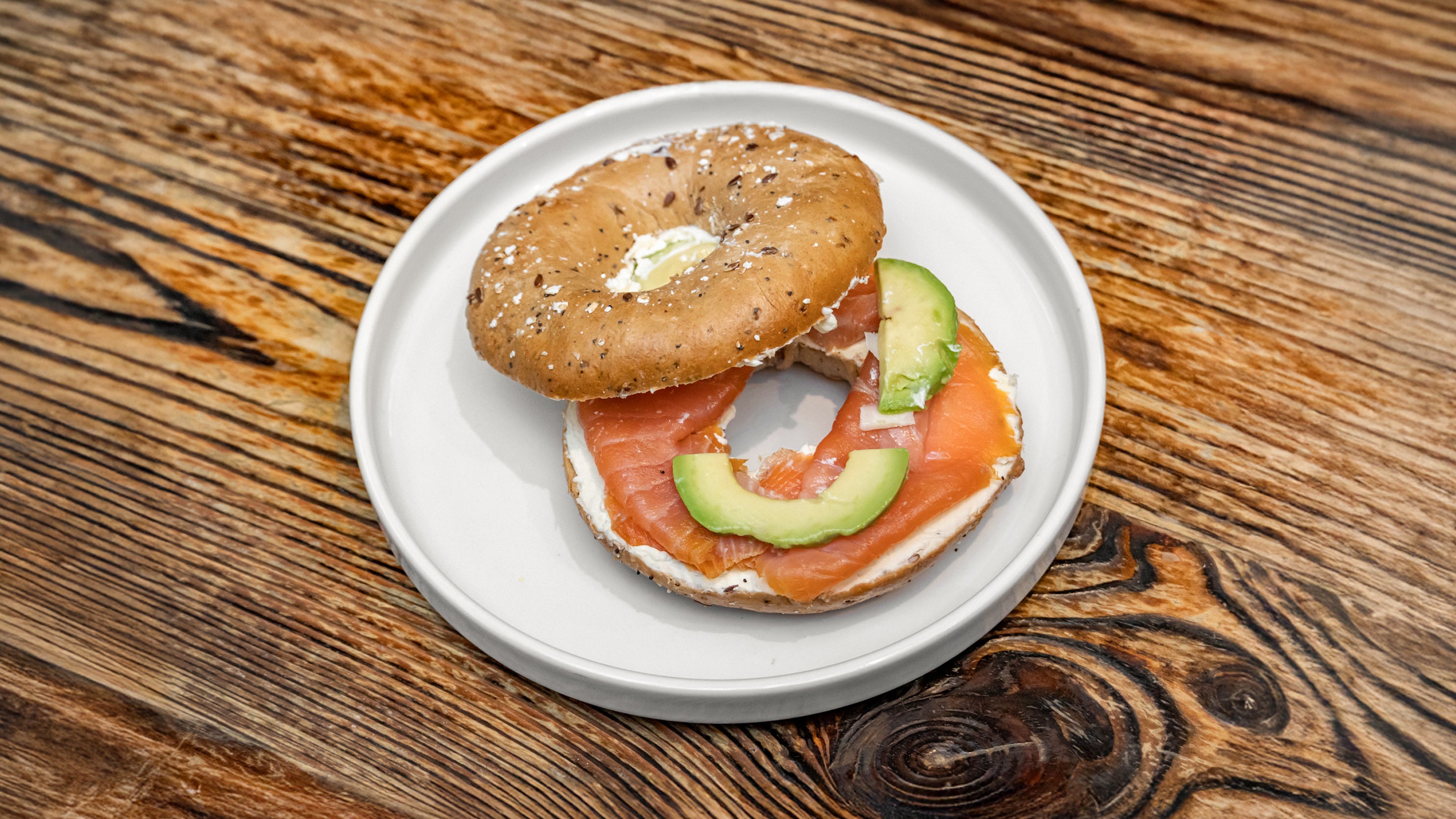 Salmon, avocado bagel