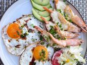 Sunny Side Up Eggs with Grilled Shrimp and Avocado