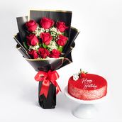 Red Velvet Cake and Flower Bouquet Combo