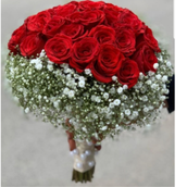Red Damask Bouquet With White Gypsophila Base