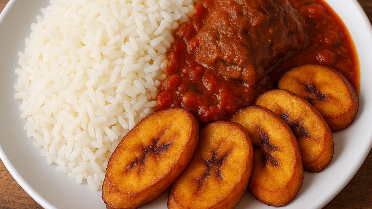 White Rice with stew and plantain