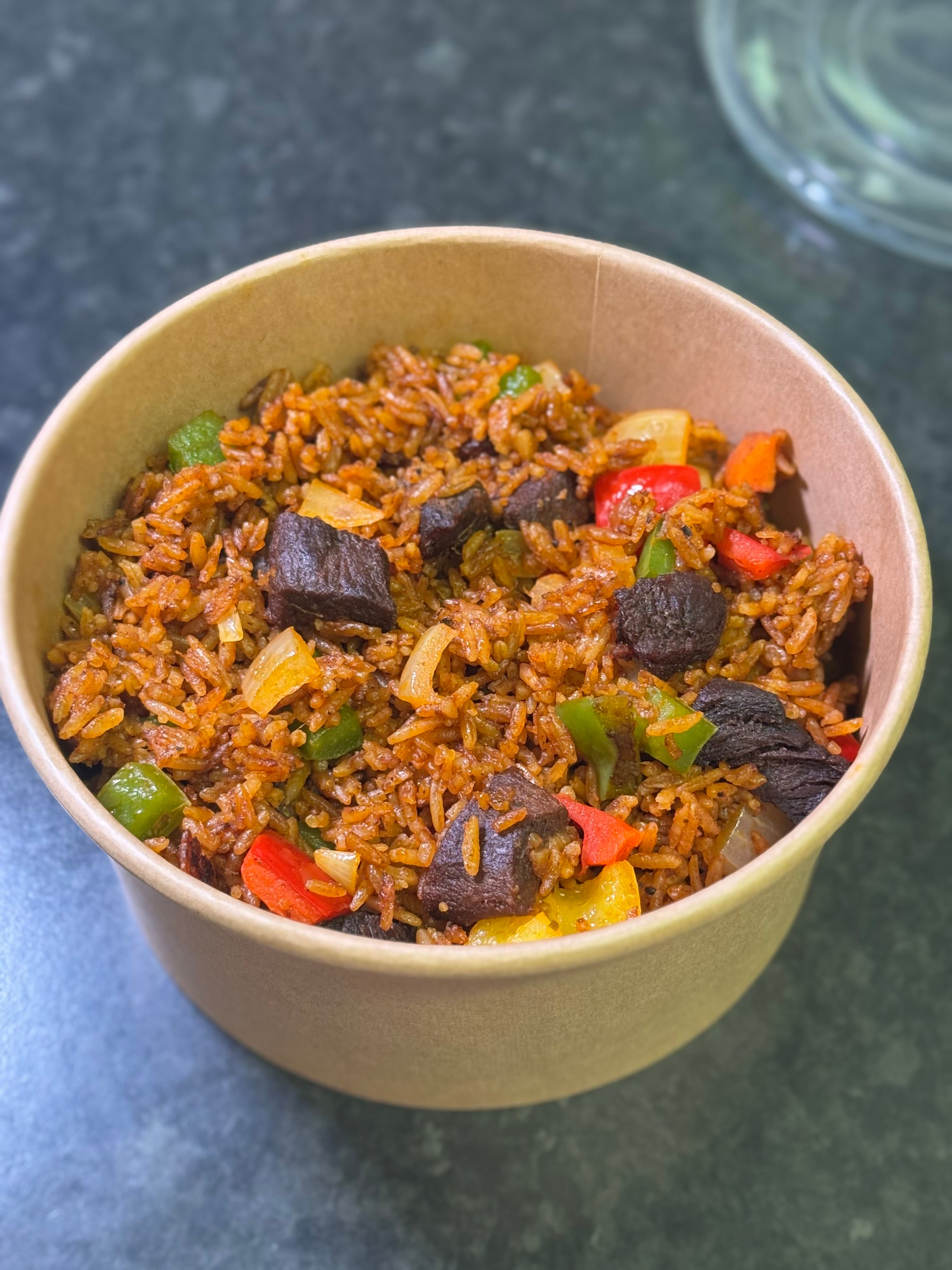 Jollof Beef served with fried plantain(Medium)