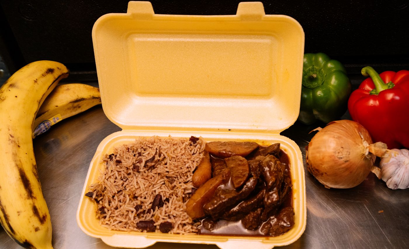 Peppered Steak – with either White rice or Rice & Peas