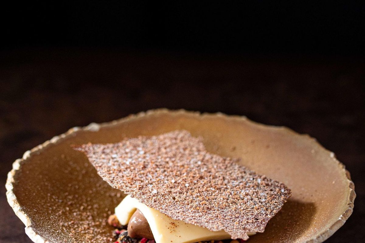 White Chocolate Tofu with Dulce de leche foam, Dark Chocolate Sorbet & Confit Ginger 