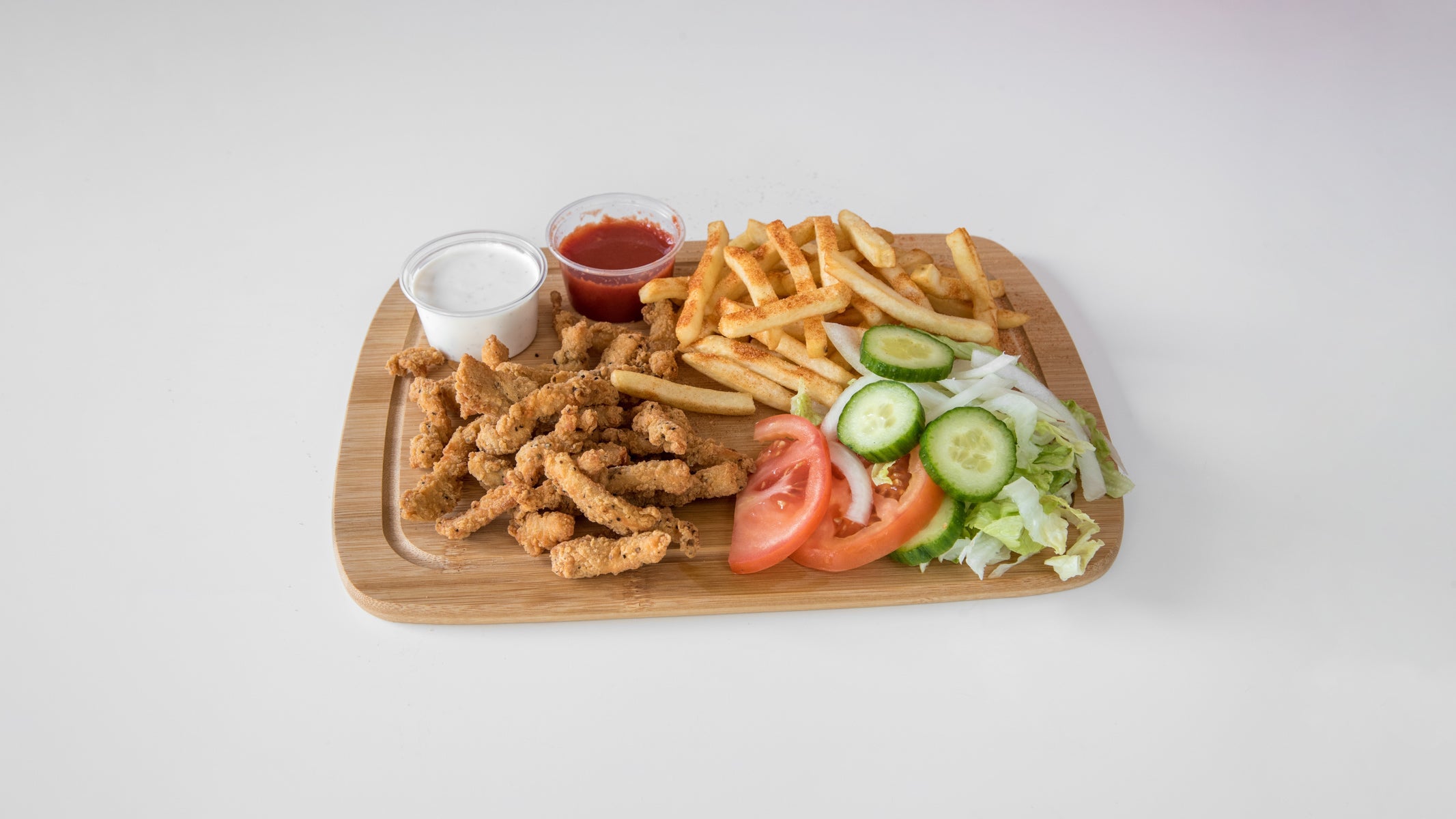 Salt and Pepper Crispy Sherdded Chicken with Fries and Salad