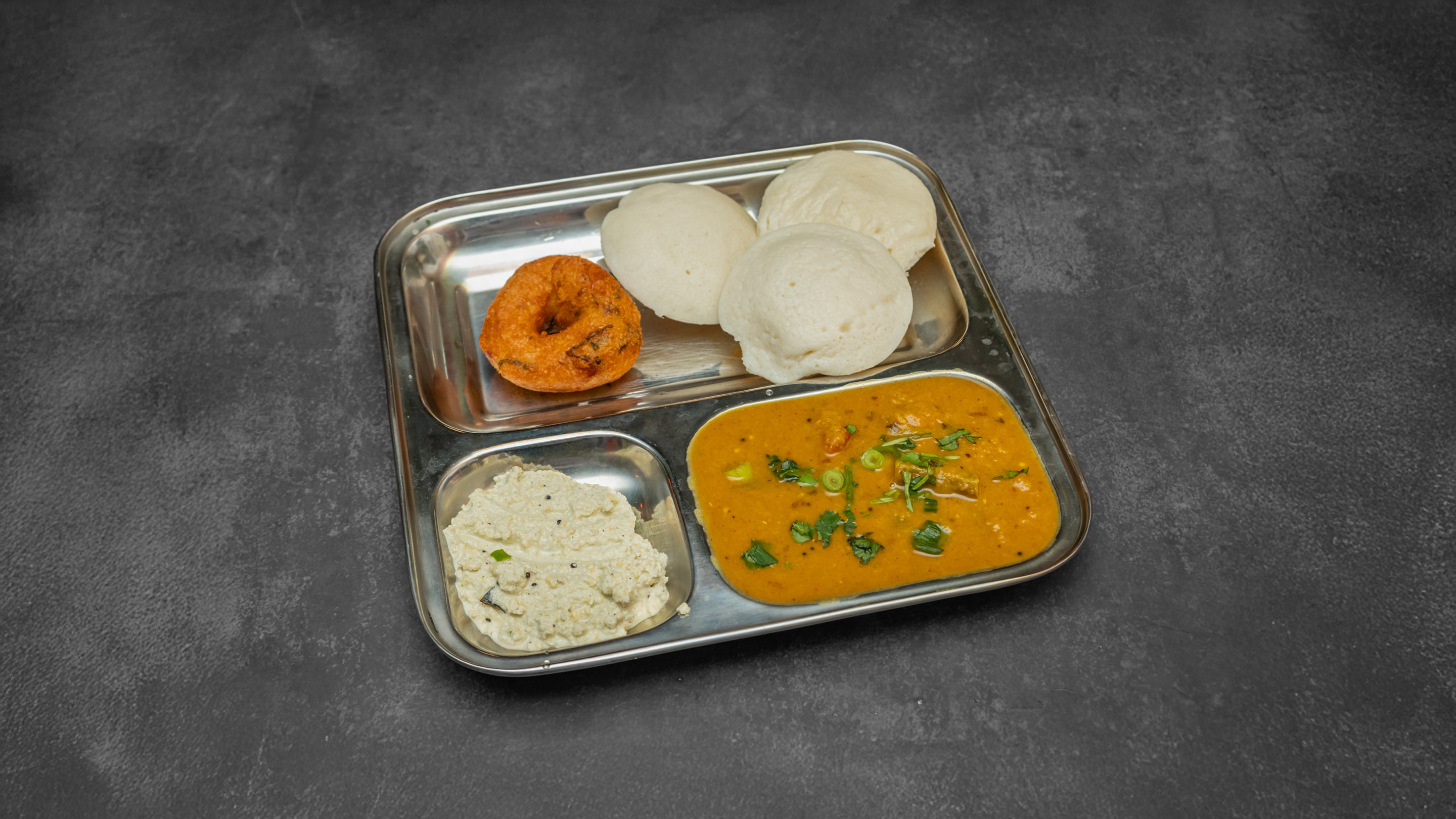 Idli, Sambar, and Vada