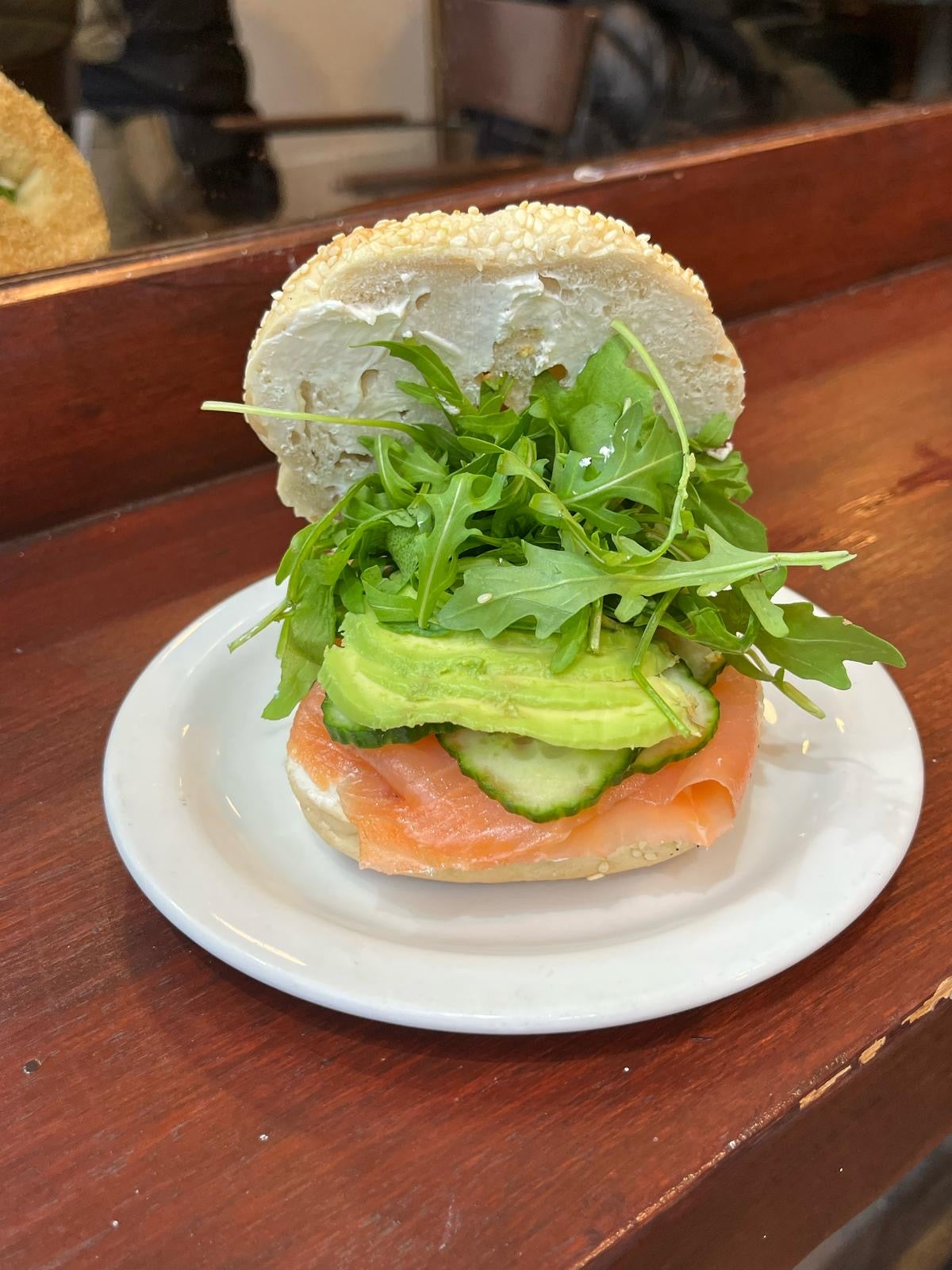 Smoked salmon, cream cheese and avocado bagel