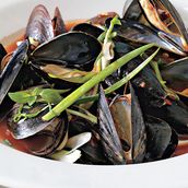 Spicy Guazzetto Mussels with Garlic Sourdough bread