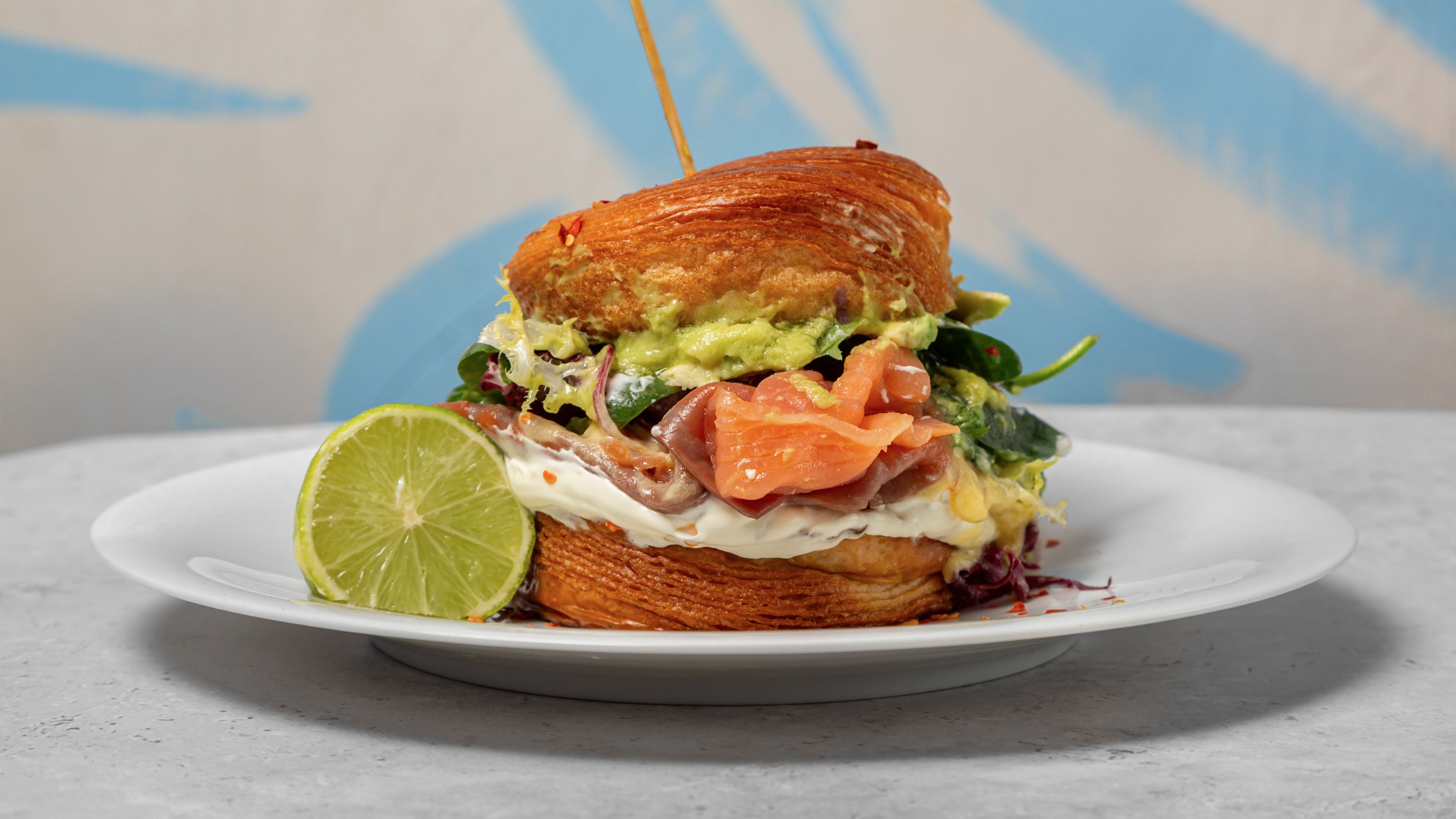 Salmon and Avocado Cruffin Burger