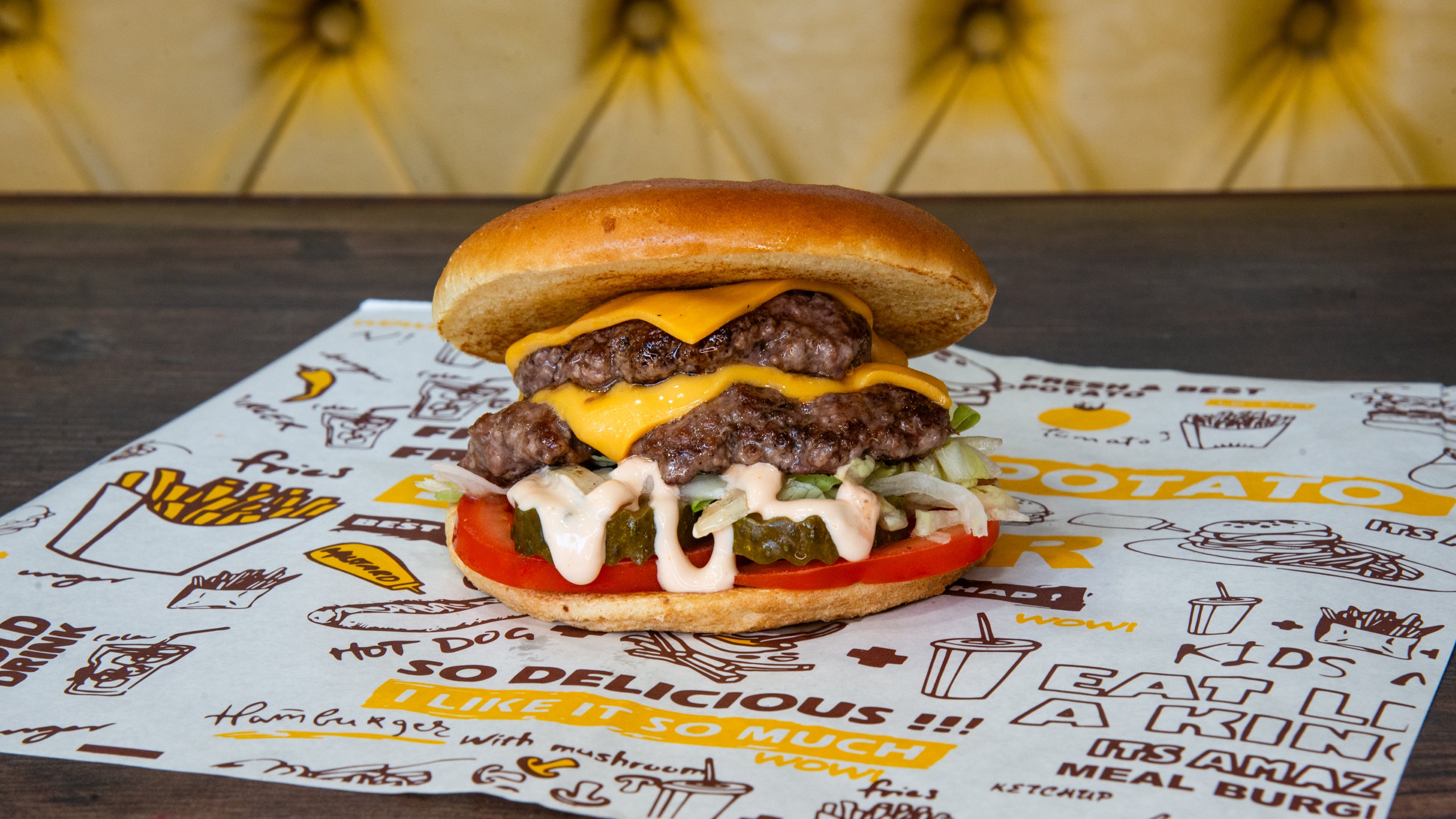 Classic double smash cheese beef burger & chips & sauce