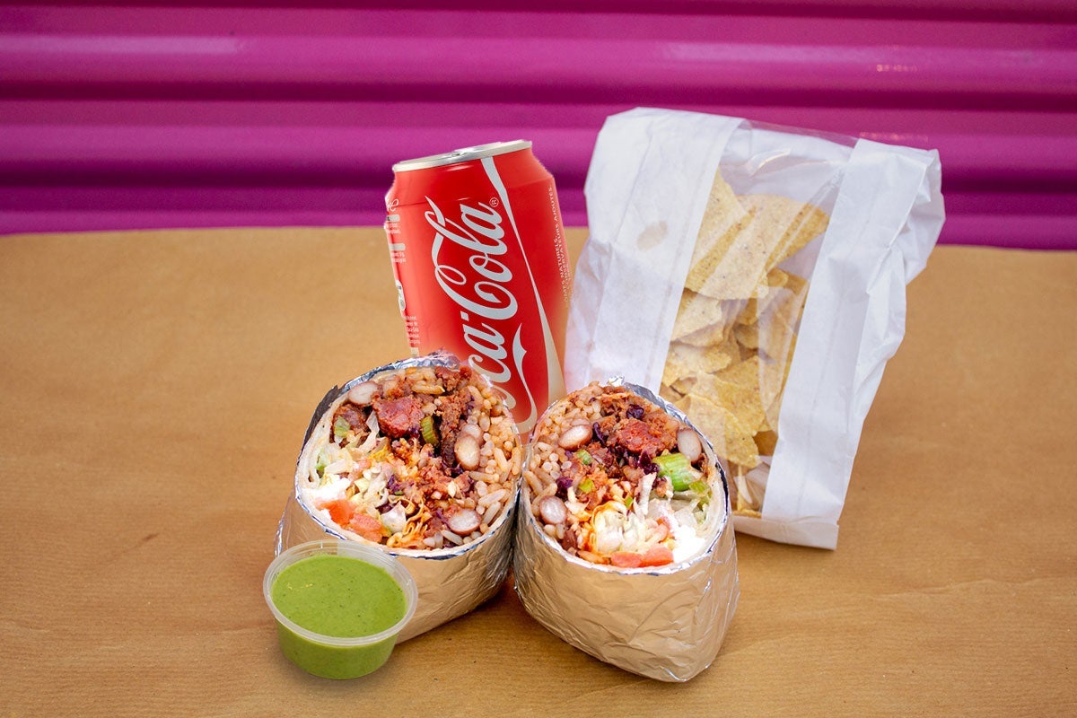 Large Burrito Chorizo with Chips, Salsa, and Drink
