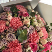 Mix Bouquet Of Pink Roses And Baby Roses And Eucalyptus