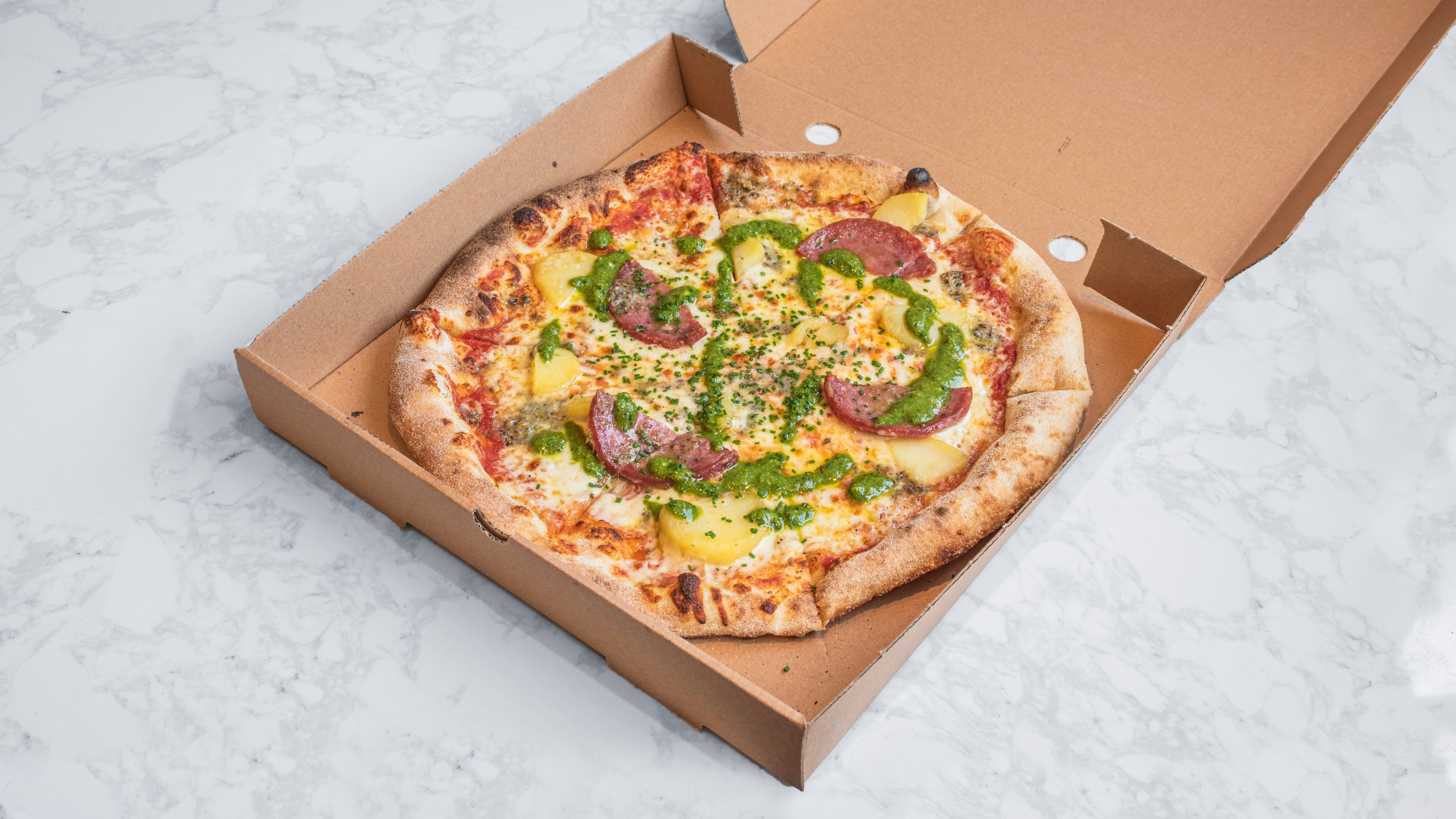 pepper pork, potato, blue cheese and pesto