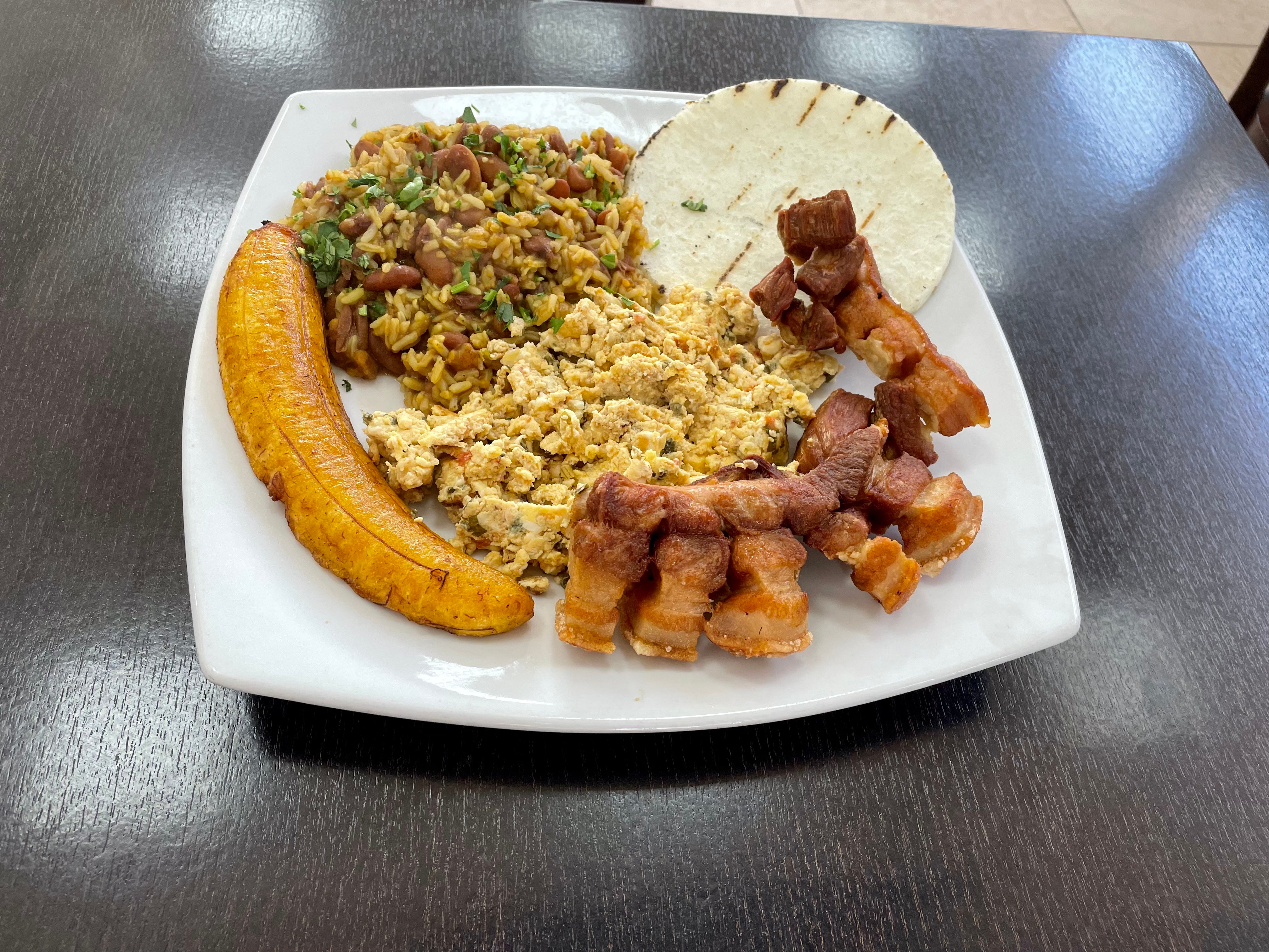 Calentado (Colombia Traditional Breakfast, Beans, Rice, Scrambled Eggs, Cornbread, Plantain and Your Choice of Meat)
