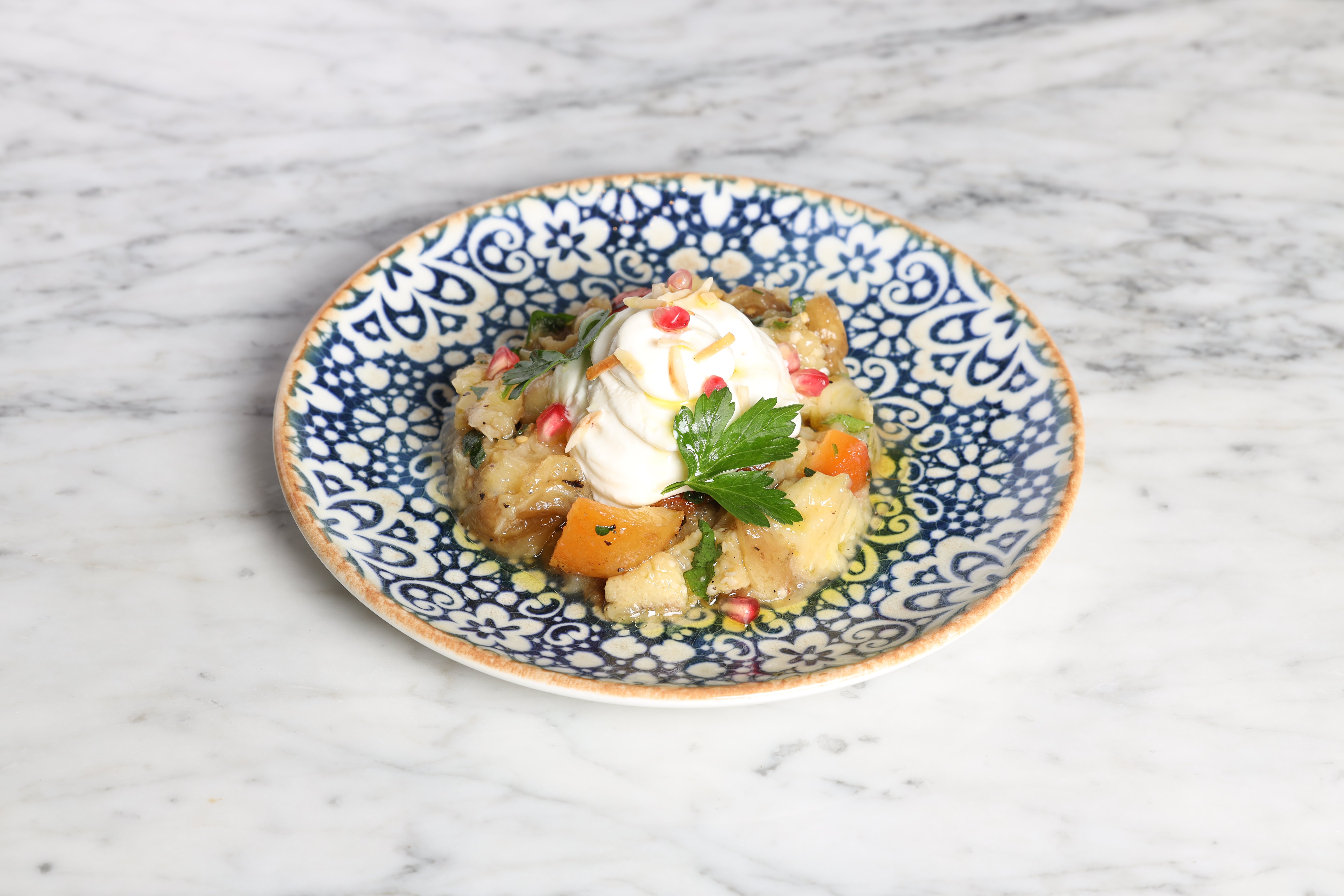 Smoked Aubergine, Fresh Herbs, and Roasted Red Peppers