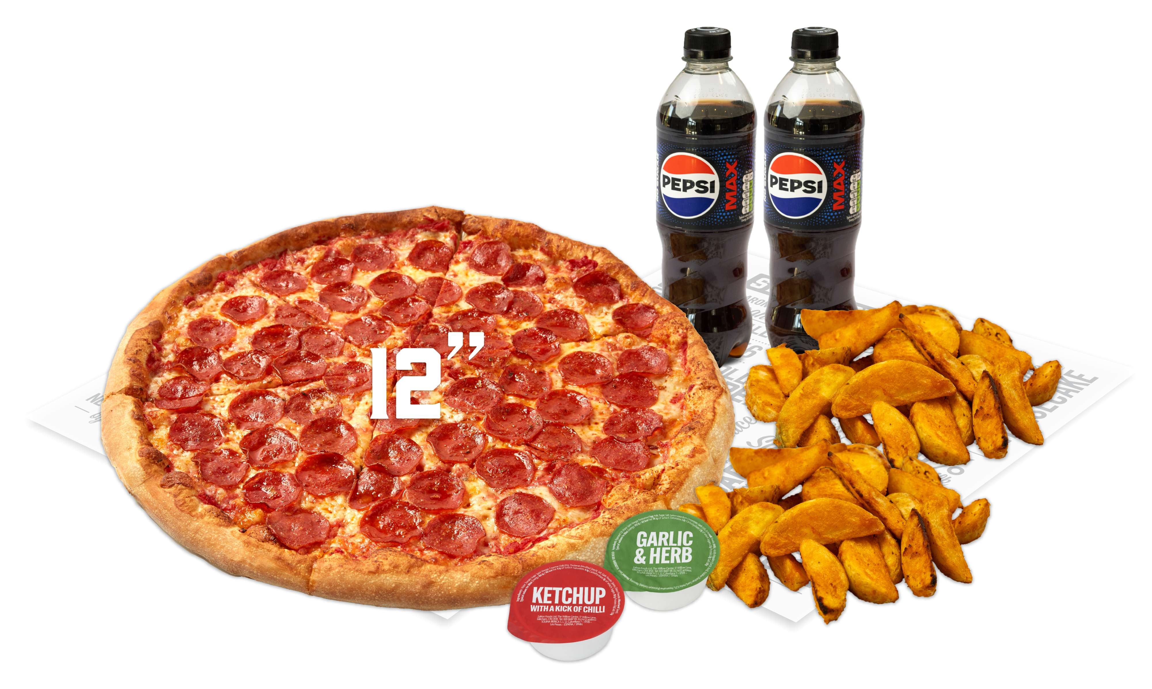 Any 12" Pizza + 2x Wedges with 2x Dips + 2x Drinks