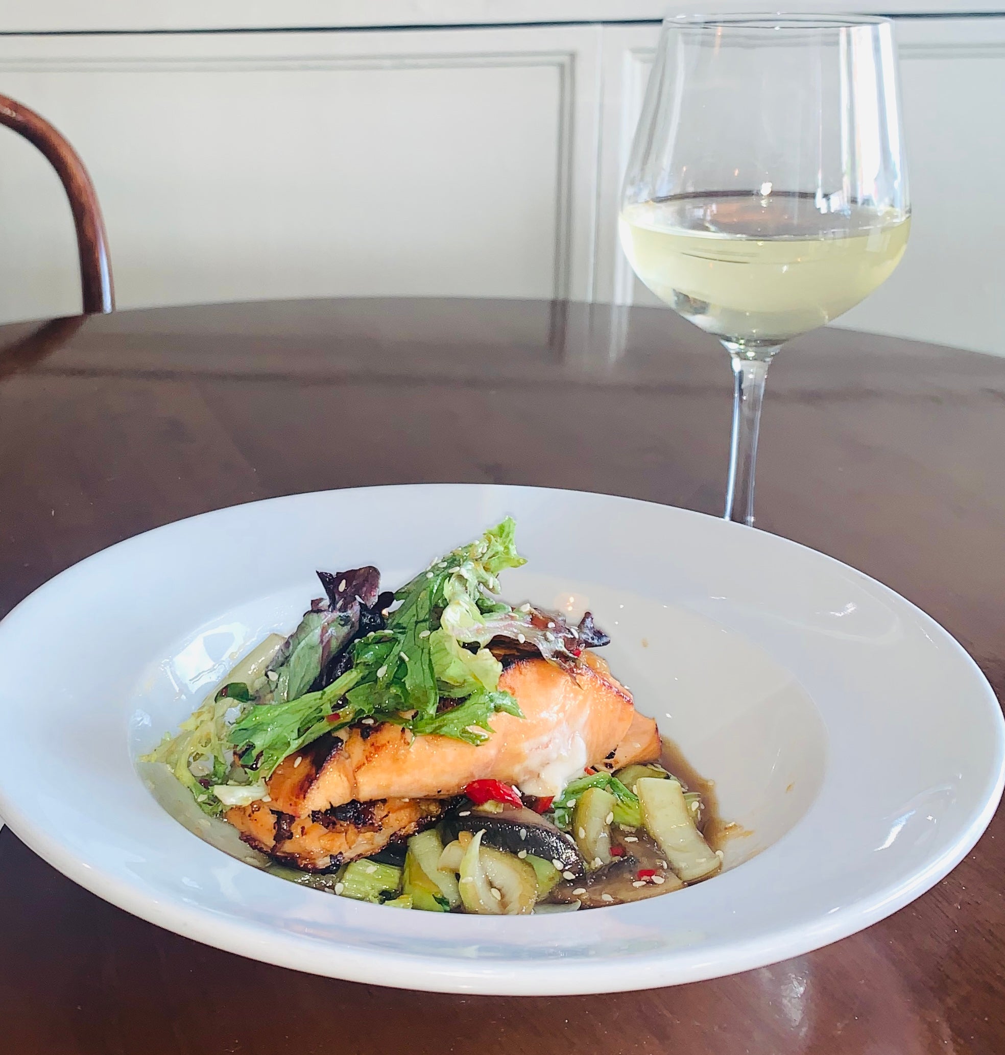 Miso Marinated Salmon, Stir Fry Mushrooms and Pak Choi