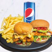 Grilled Fish Burger, Fried Shrimp Burger, French Fries and Pepsi